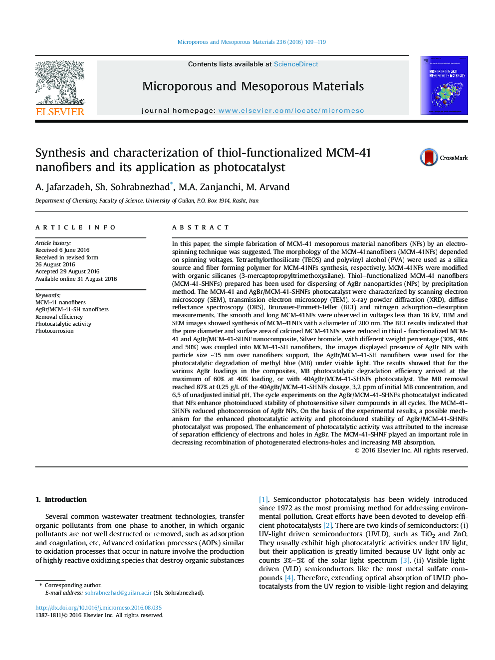 Synthesis and characterization of thiol-functionalized MCM-41 nanofibers and its application as photocatalyst