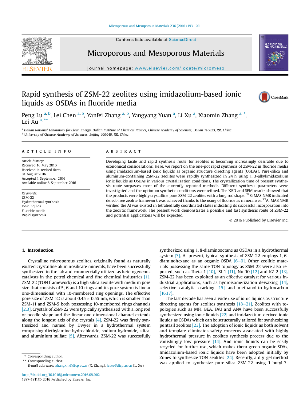 Rapid synthesis of ZSM-22 zeolites using imidazolium-based ionic liquids as OSDAs in fluoride media