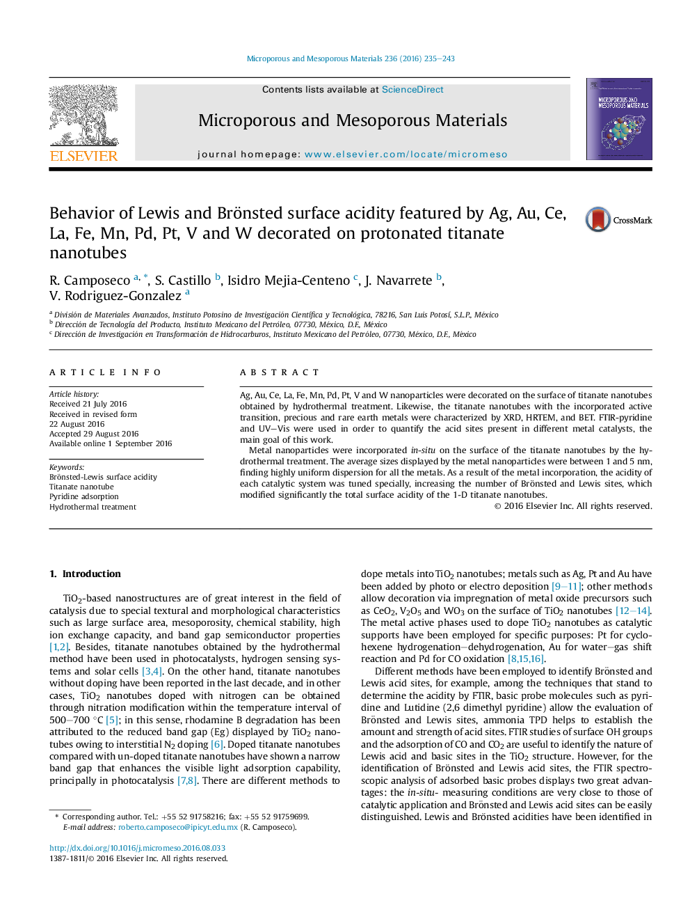 Behavior of Lewis and Brönsted surface acidity featured by Ag, Au, Ce, La, Fe, Mn, Pd, Pt, V and W decorated on protonated titanate nanotubes