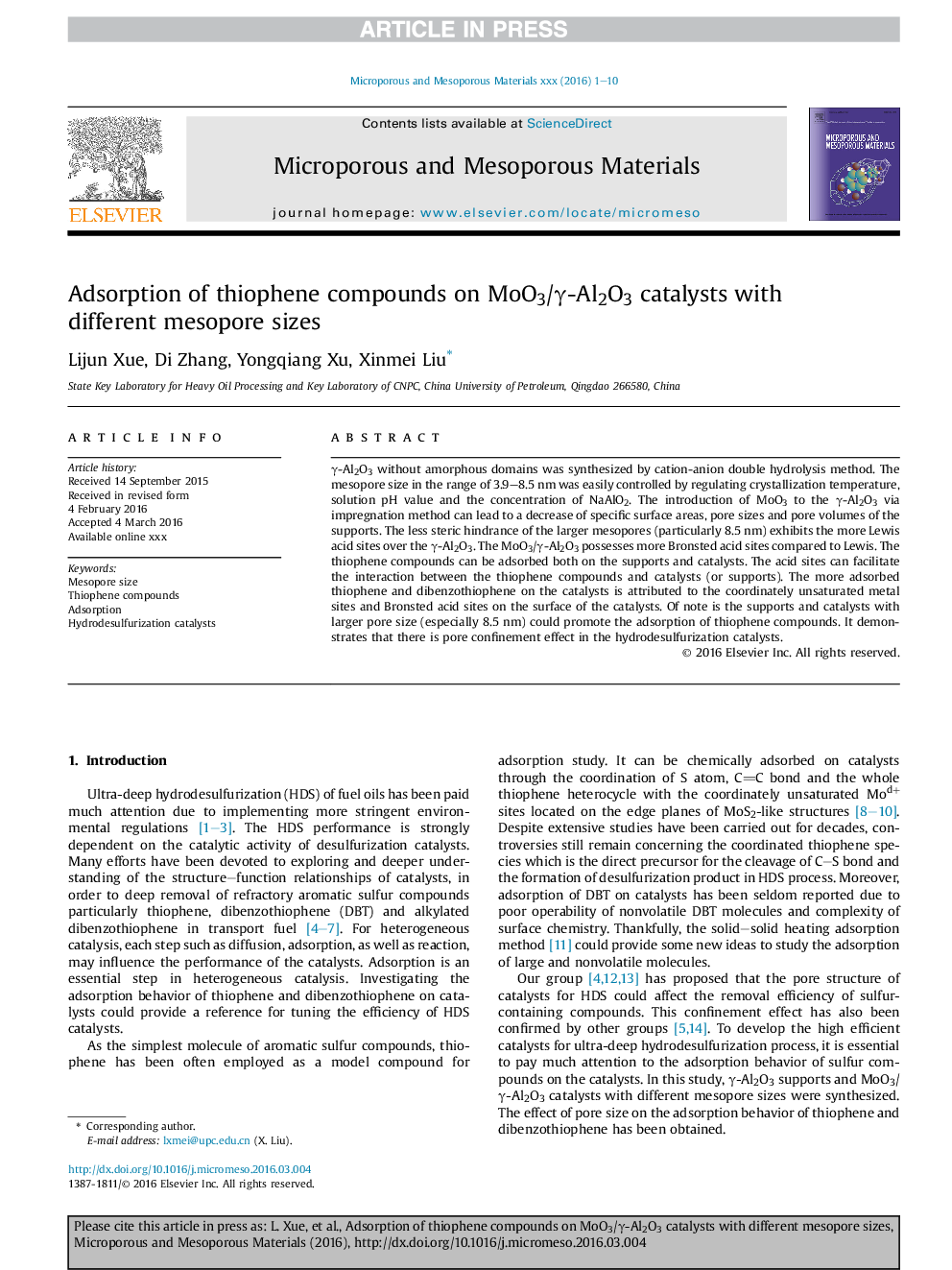 Adsorption of thiophene compounds on MoO3/Î³-Al2O3 catalysts with different mesopore sizes