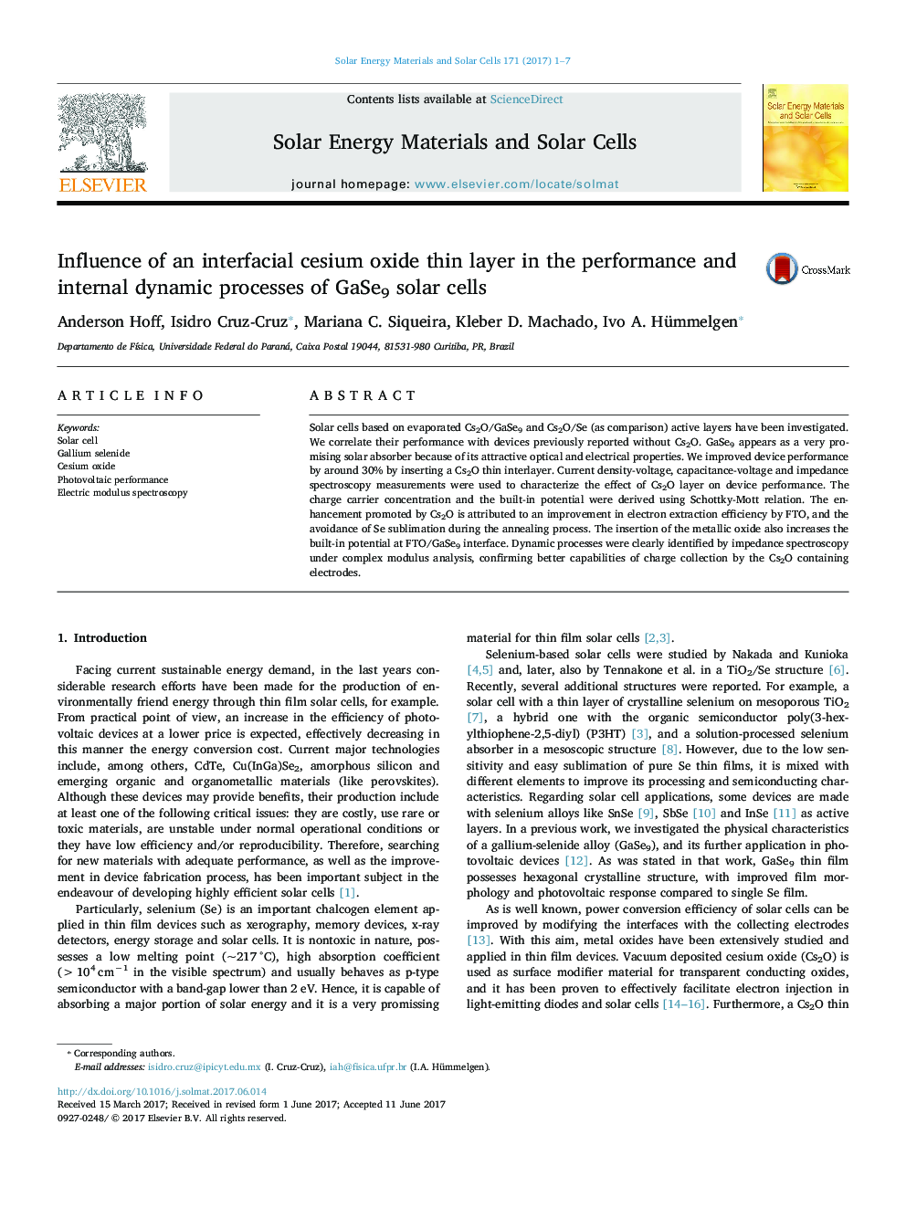 Influence of an interfacial cesium oxide thin layer in the performance and internal dynamic processes of GaSe9 solar cells