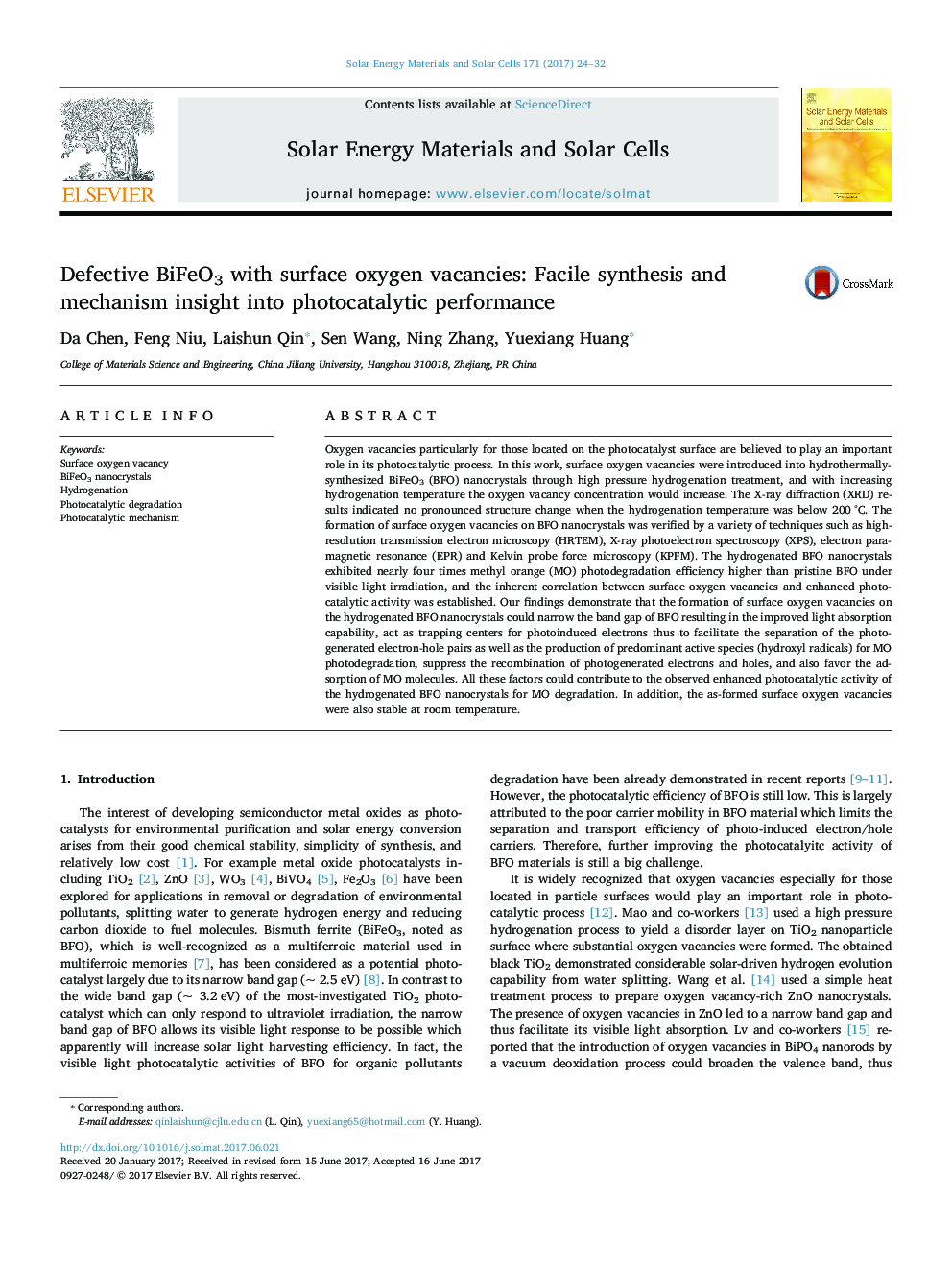 Defective BiFeO3 with surface oxygen vacancies: Facile synthesis and mechanism insight into photocatalytic performance