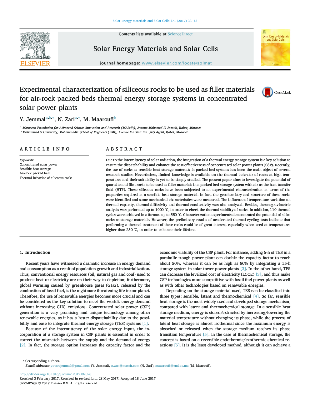 Experimental characterization of siliceous rocks to be used as filler materials for air-rock packed beds thermal energy storage systems in concentrated solar power plants