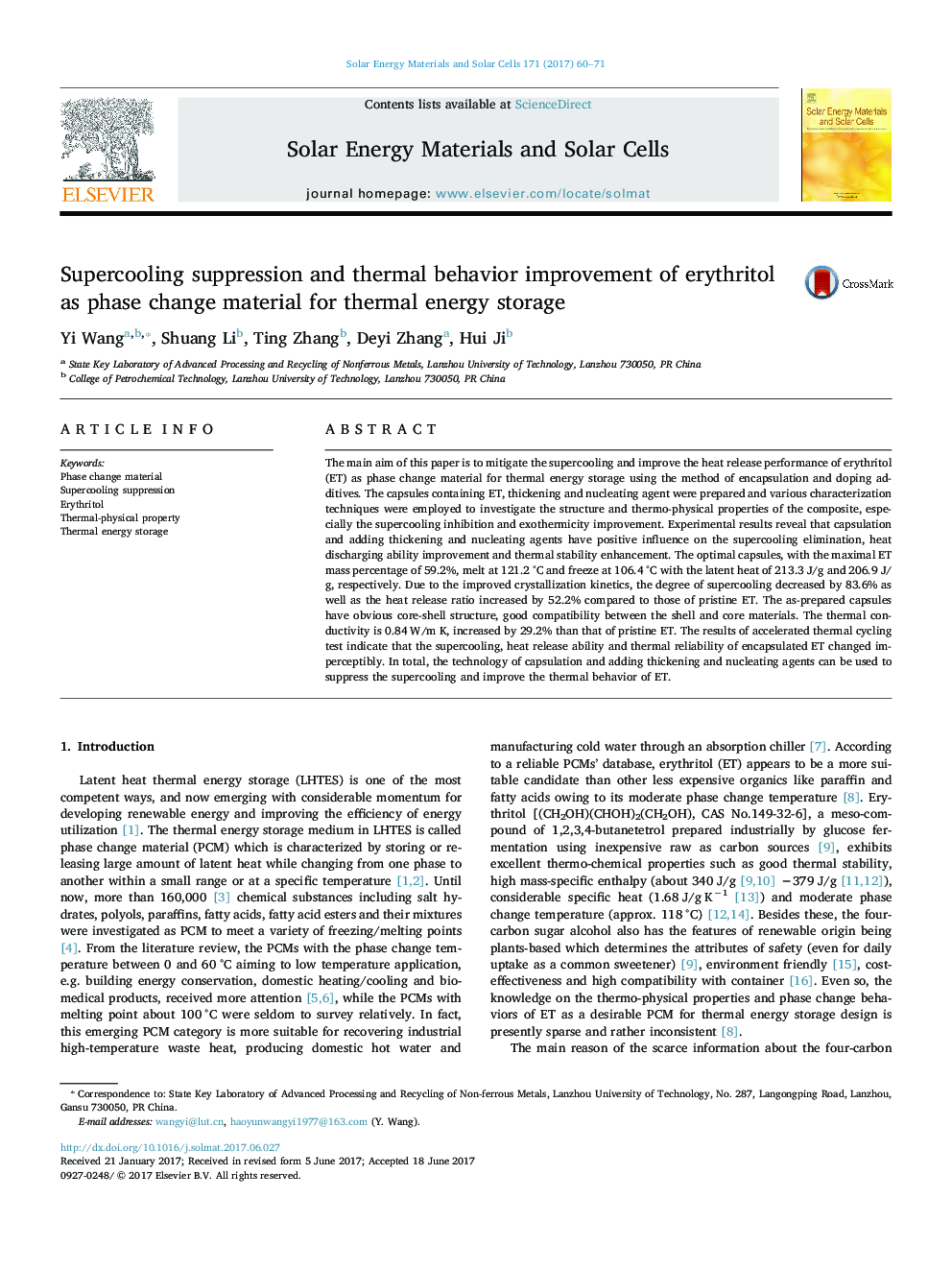 Supercooling suppression and thermal behavior improvement of erythritol as phase change material for thermal energy storage