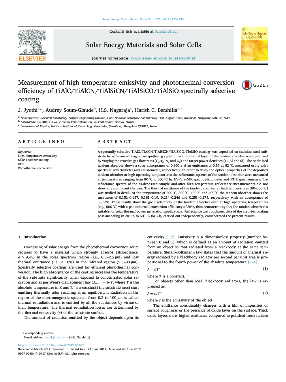 Measurement of high temperature emissivity and photothermal conversion efficiency of TiAlC/TiAlCN/TiAlSiCN/TiAlSiCO/TiAlSiO spectrally selective coating