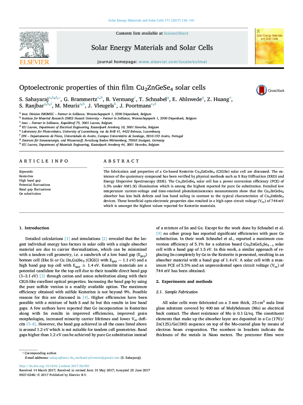 Optoelectronic properties of thin film Cu2ZnGeSe4 solar cells