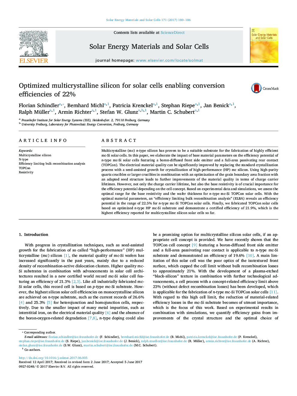 Optimized multicrystalline silicon for solar cells enabling conversion efficiencies of 22%