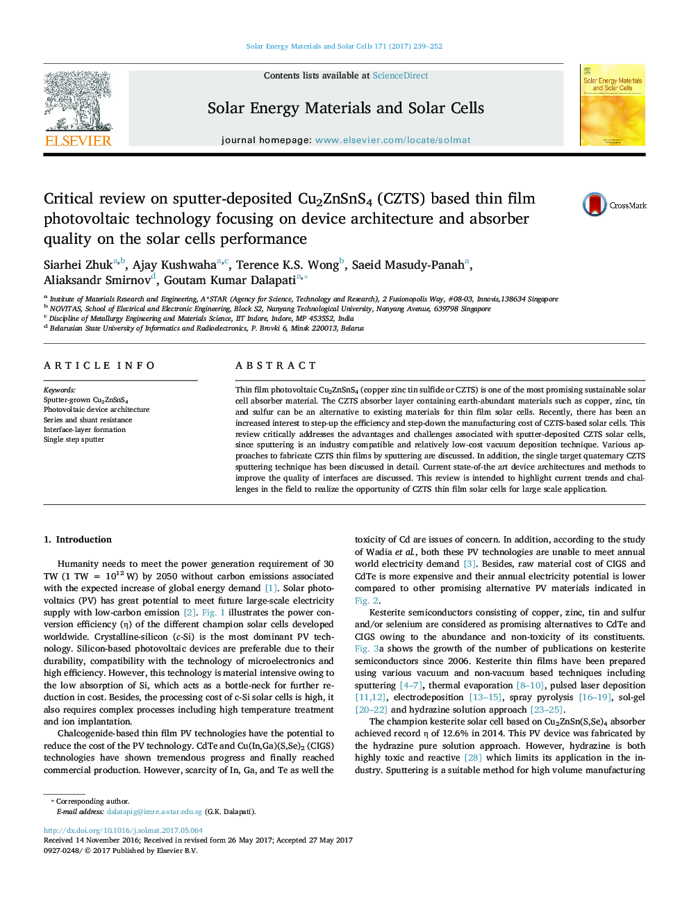 Critical review on sputter-deposited Cu2ZnSnS4 (CZTS) based thin film photovoltaic technology focusing on device architecture and absorber quality on the solar cells performance