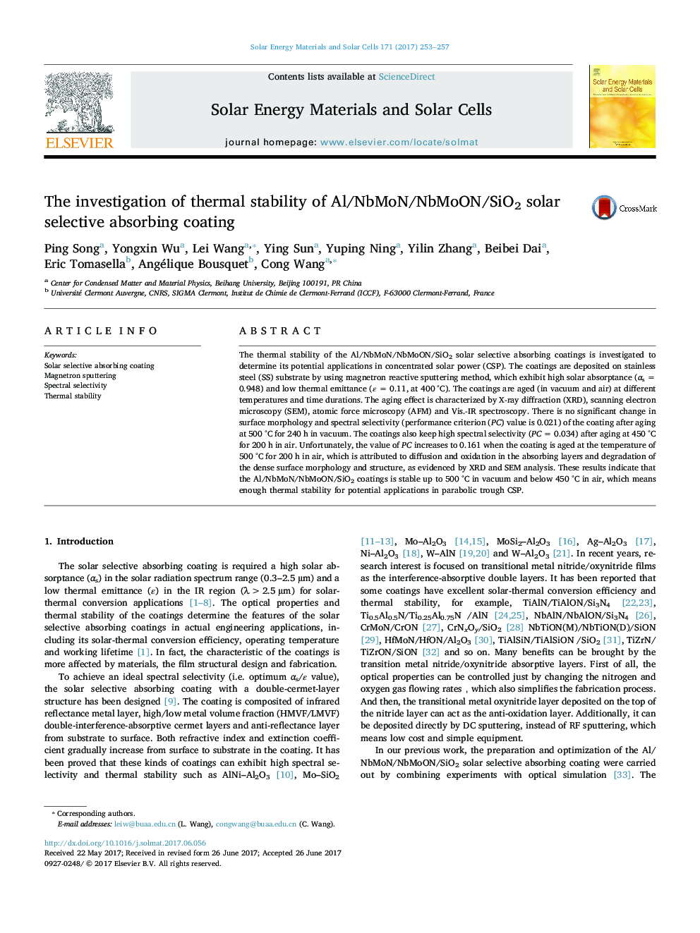 The investigation of thermal stability of Al/NbMoN/NbMoON/SiO2 solar selective absorbing coating