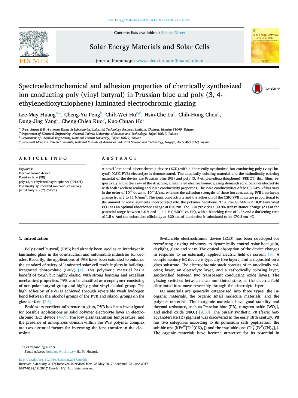 Spectroelectrochemical and adhesion properties of chemically synthesized ion conducting poly (vinyl butyral) in Prussian blue and poly (3, 4-ethylenedioxythiophene) laminated electrochromic glazing