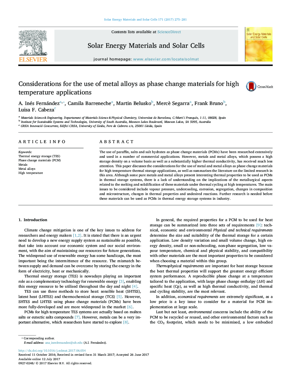 Considerations for the use of metal alloys as phase change materials for high temperature applications