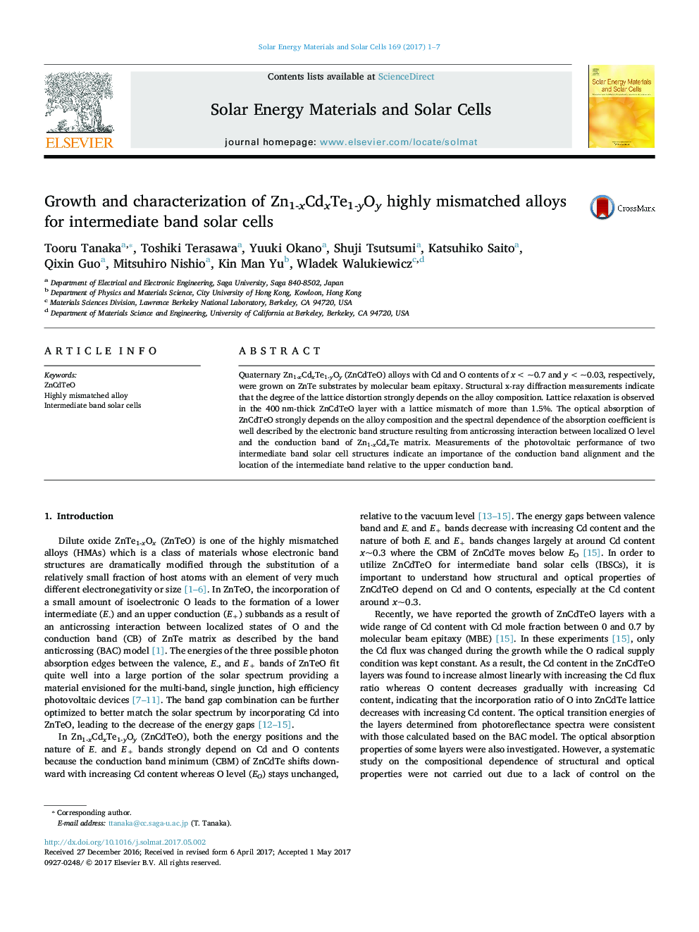 Growth and characterization of Zn1-xCdxTe1-yOy highly mismatched alloys for intermediate band solar cells