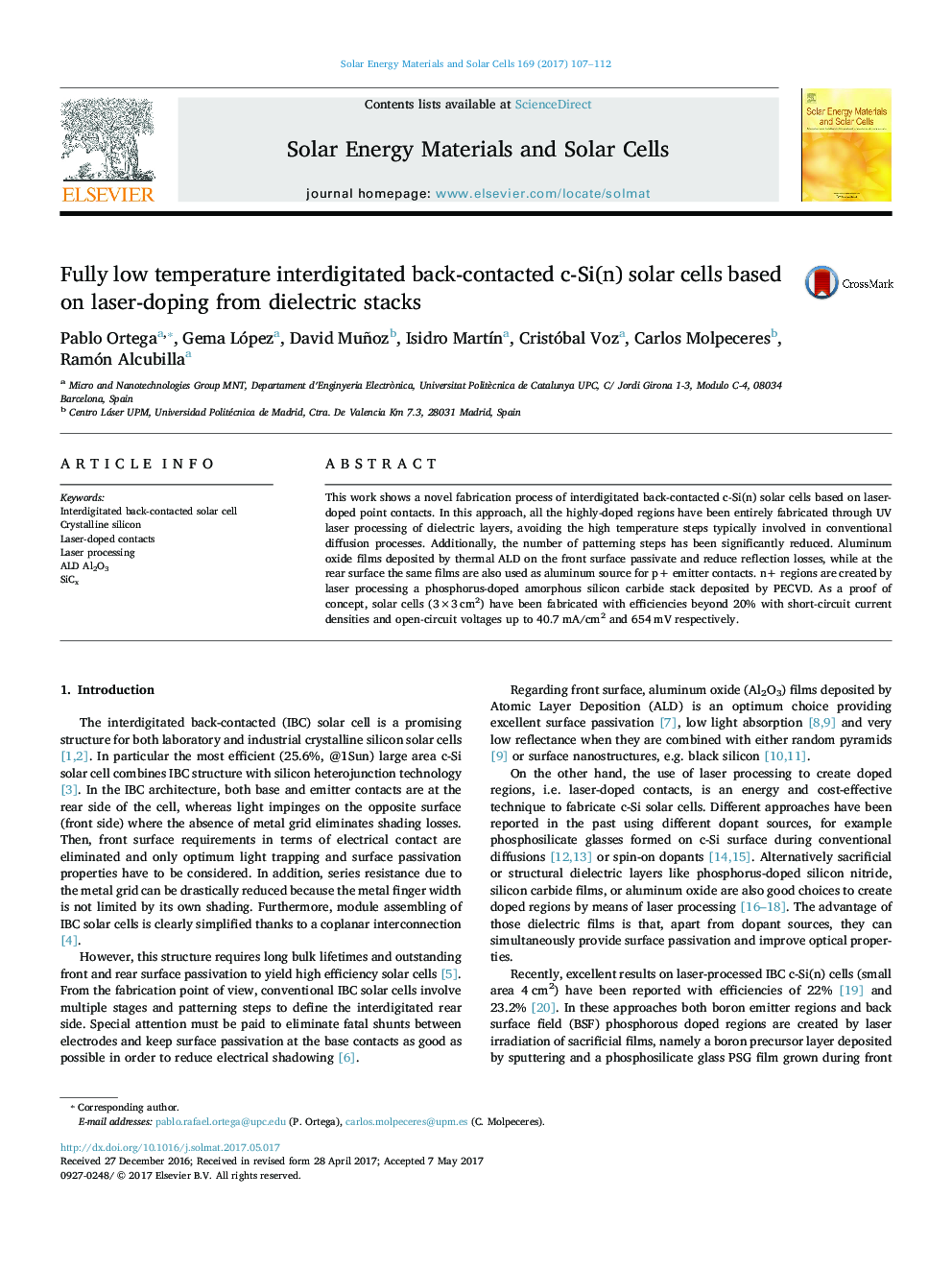 Fully low temperature interdigitated back-contacted c-Si(n) solar cells based on laser-doping from dielectric stacks