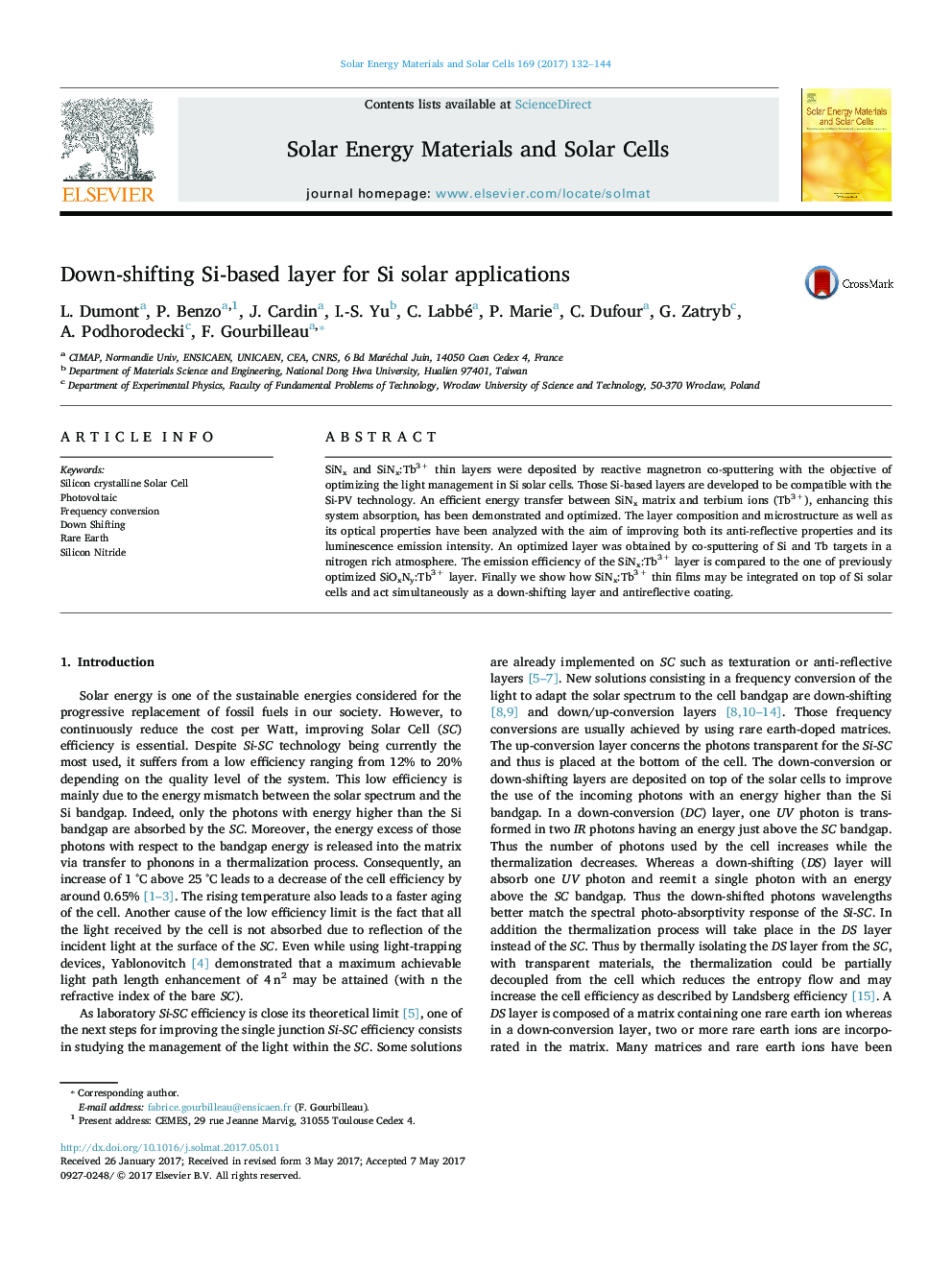 Down-shifting Si-based layer for Si solar applications