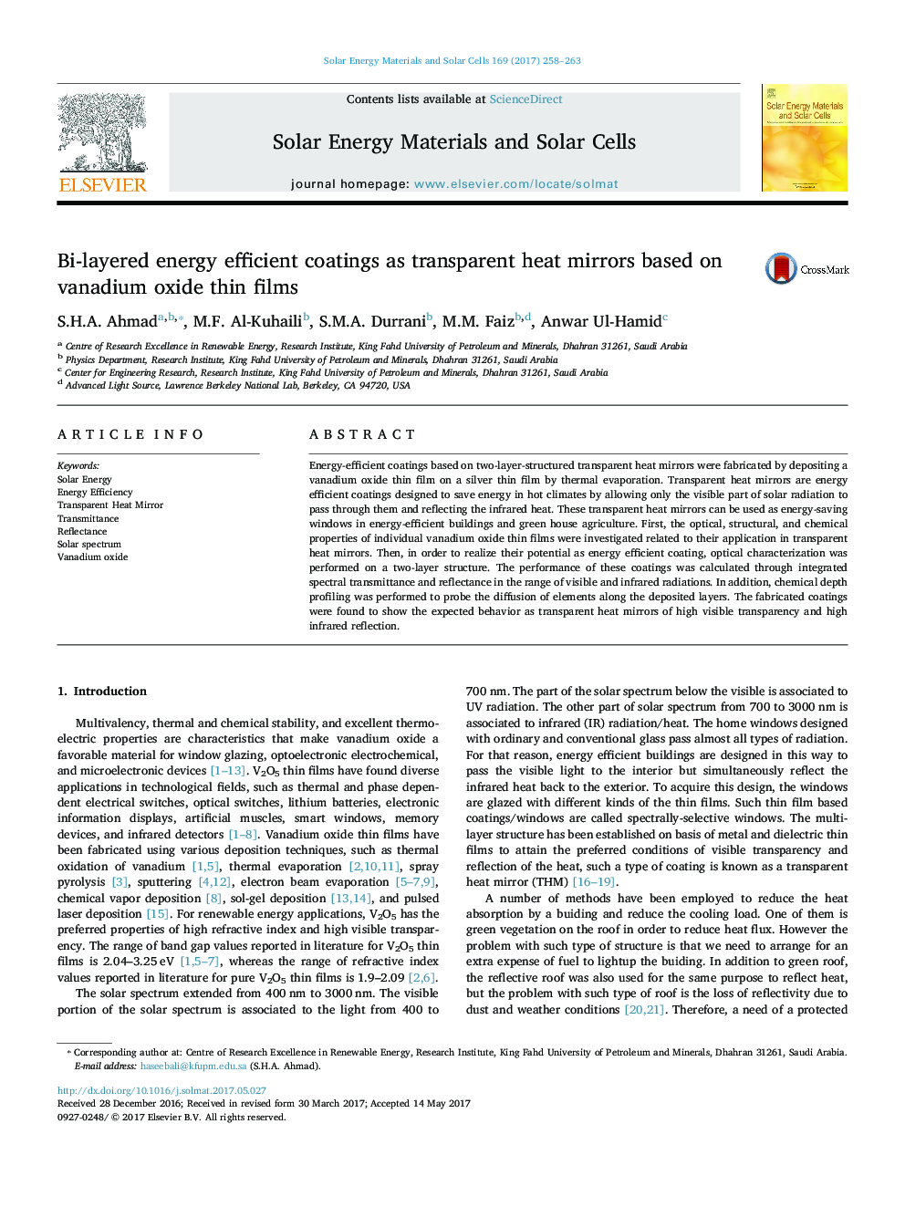 Bi-layered energy efficient coatings as transparent heat mirrors based on vanadium oxide thin films