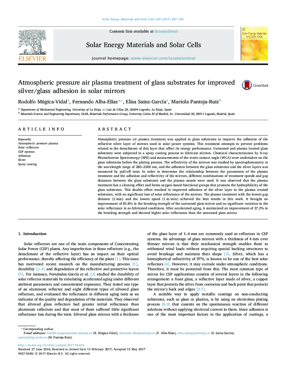 Atmospheric pressure air plasma treatment of glass substrates for improved silver/glass adhesion in solar mirrors