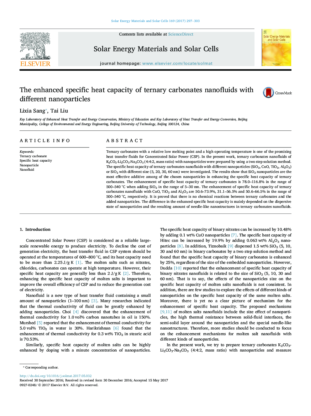 The enhanced specific heat capacity of ternary carbonates nanofluids with different nanoparticles