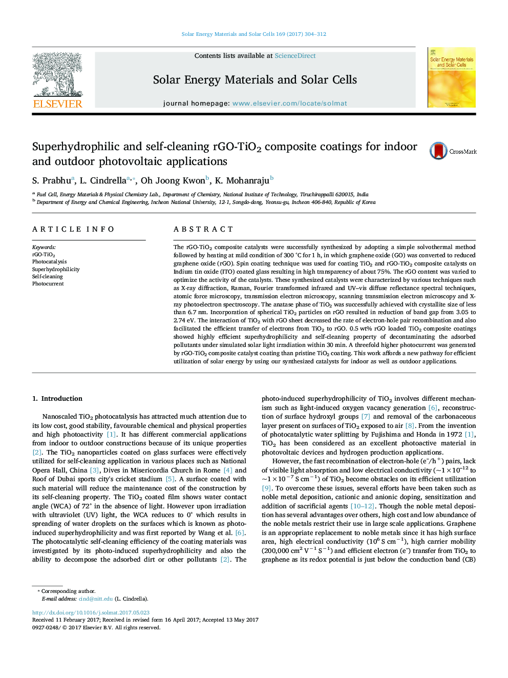 Superhydrophilic and self-cleaning rGO-TiO2 composite coatings for indoor and outdoor photovoltaic applications