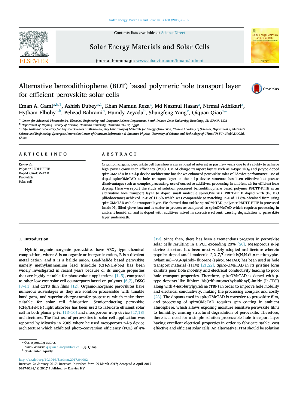 Alternative benzodithiophene (BDT) based polymeric hole transport layer for efficient perovskite solar cells