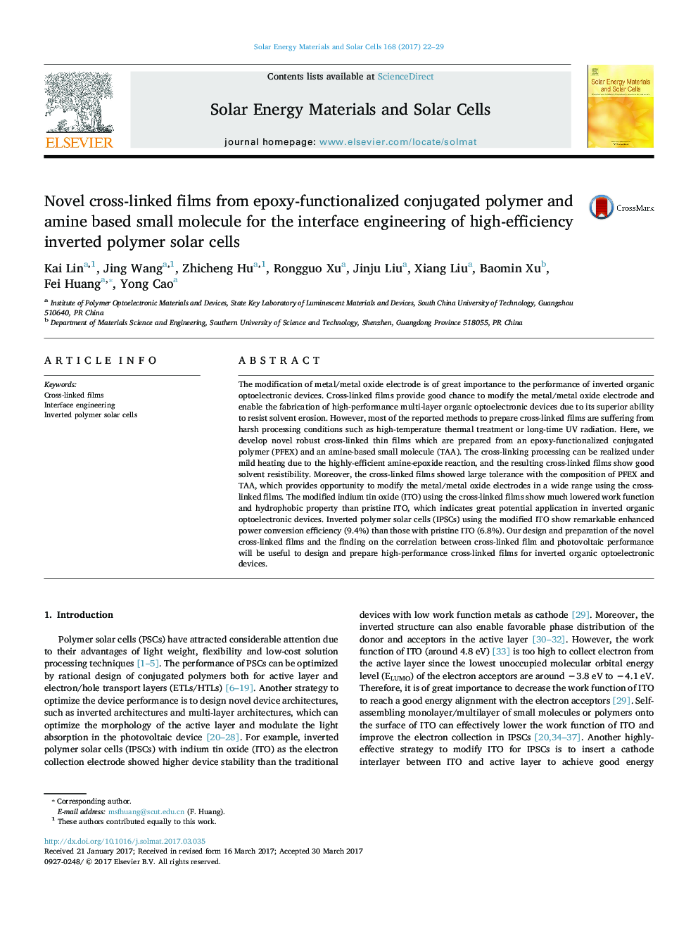 Novel cross-linked films from epoxy-functionalized conjugated polymer and amine based small molecule for the interface engineering of high-efficiency inverted polymer solar cells