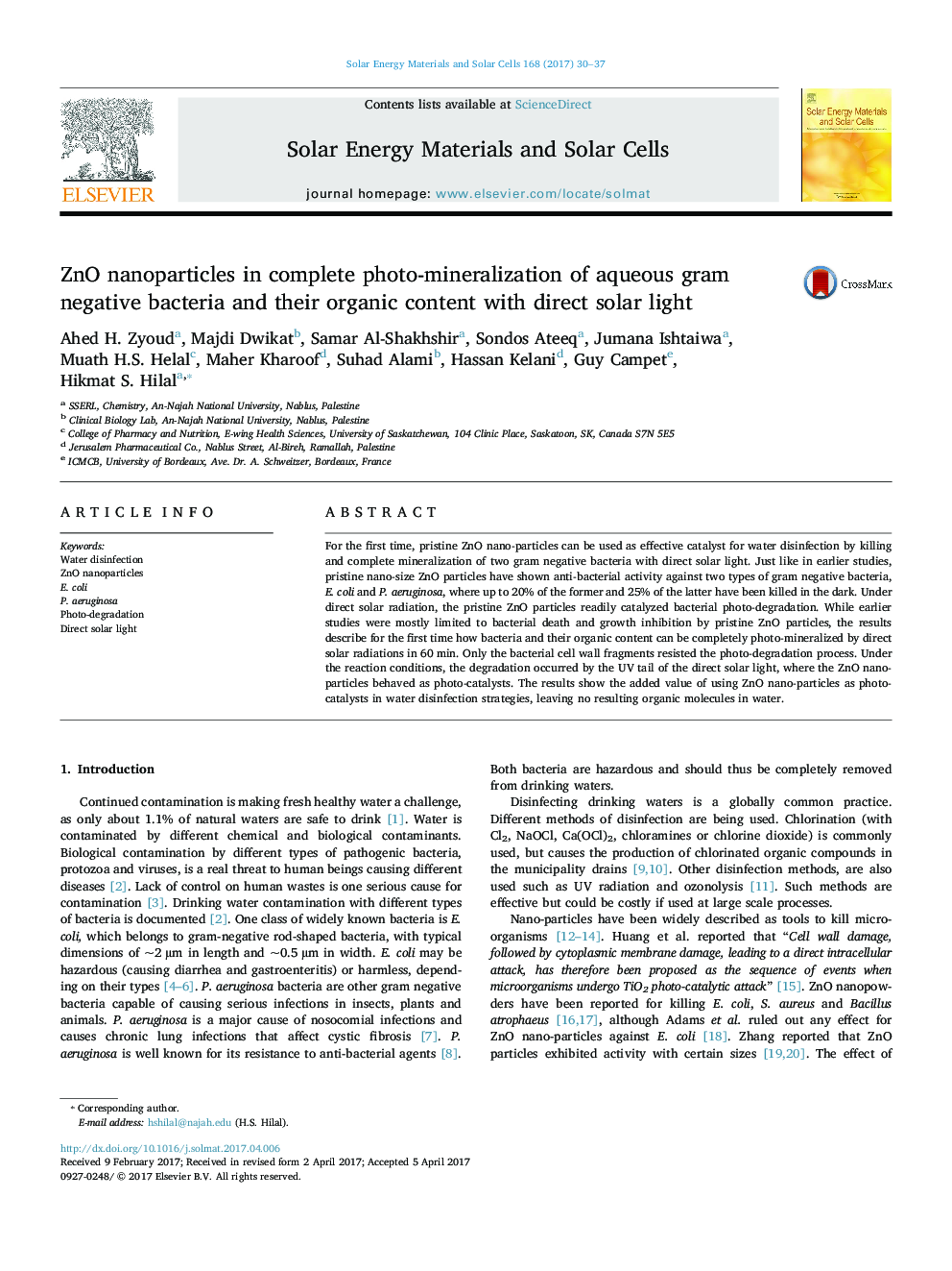 ZnO nanoparticles in complete photo-mineralization of aqueous gram negative bacteria and their organic content with direct solar light