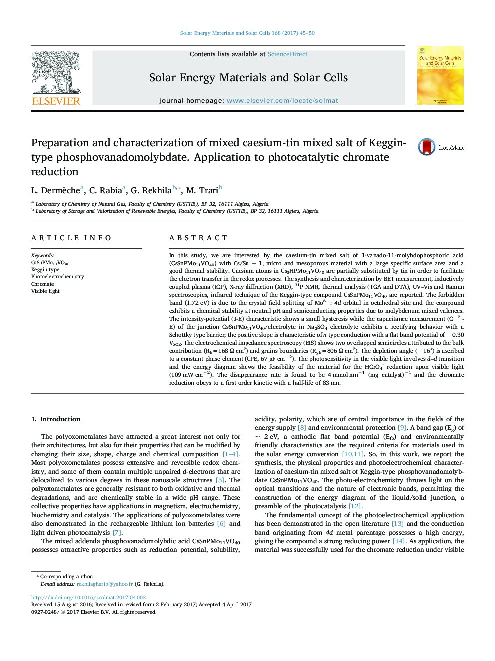 Preparation and characterization of mixed caesium-tin mixed salt of Keggin-type phosphovanadomolybdate. Application to photocatalytic chromate reduction