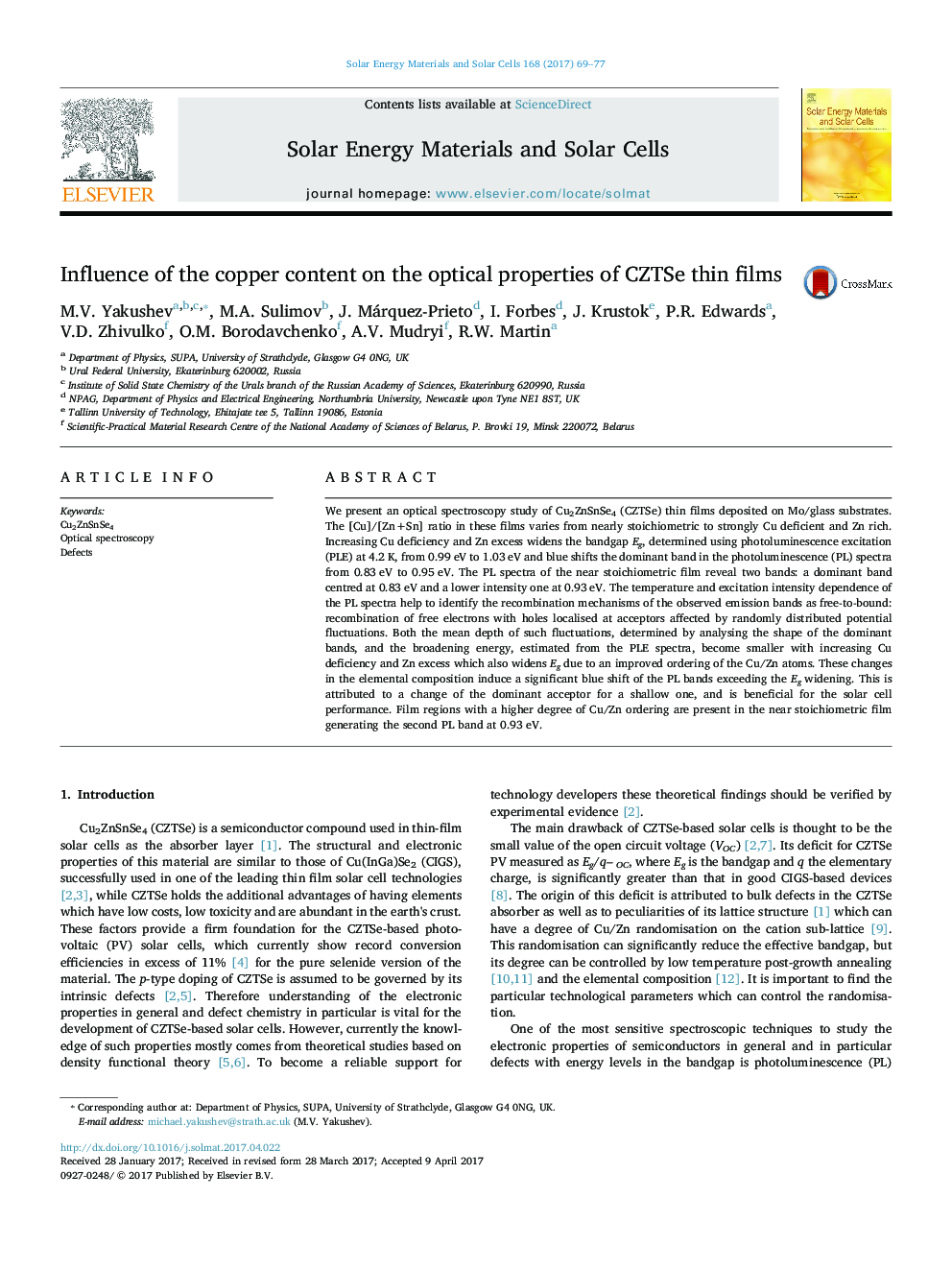 Influence of the copper content on the optical properties of CZTSe thin films