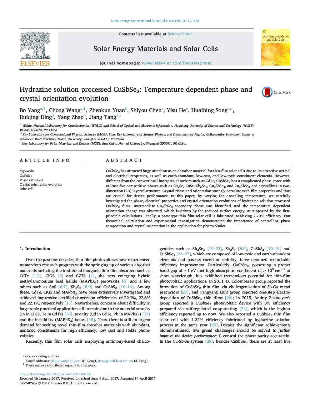 Hydrazine solution processed CuSbSe2: Temperature dependent phase and crystal orientation evolution