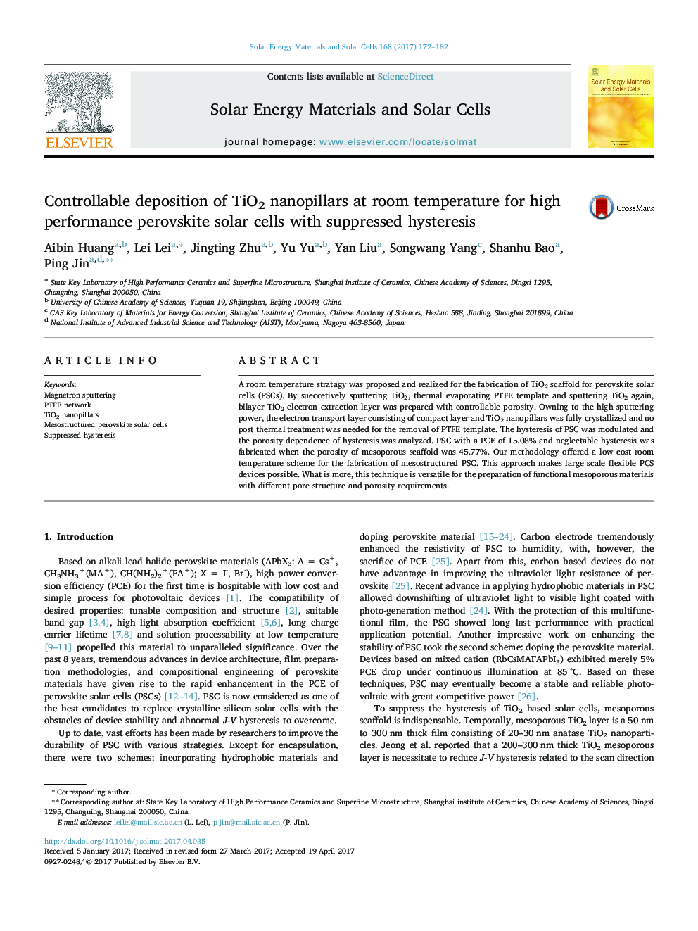 Controllable deposition of TiO2 nanopillars at room temperature for high performance perovskite solar cells with suppressed hysteresis