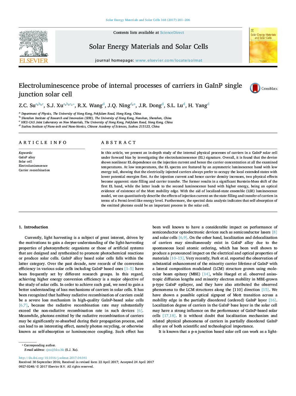 Electroluminescence probe of internal processes of carriers in GaInP single junction solar cell