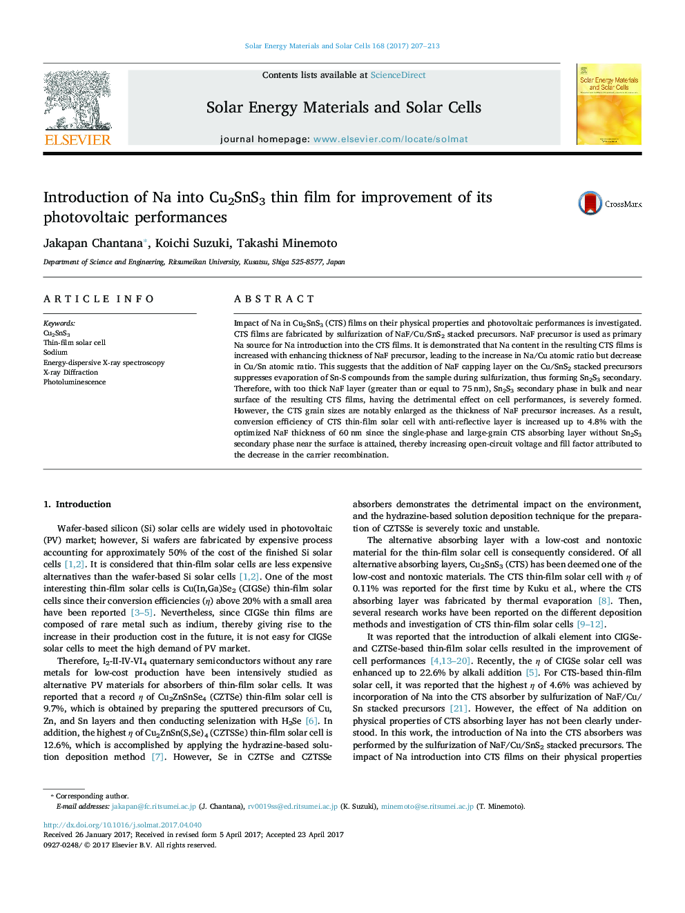 Introduction of Na into Cu2SnS3 thin film for improvement of its photovoltaic performances