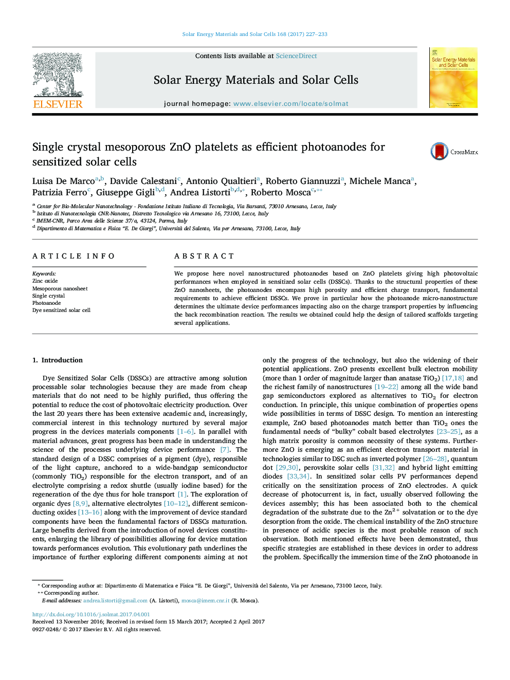 Single crystal mesoporous ZnO platelets as efficient photoanodes for sensitized solar cells