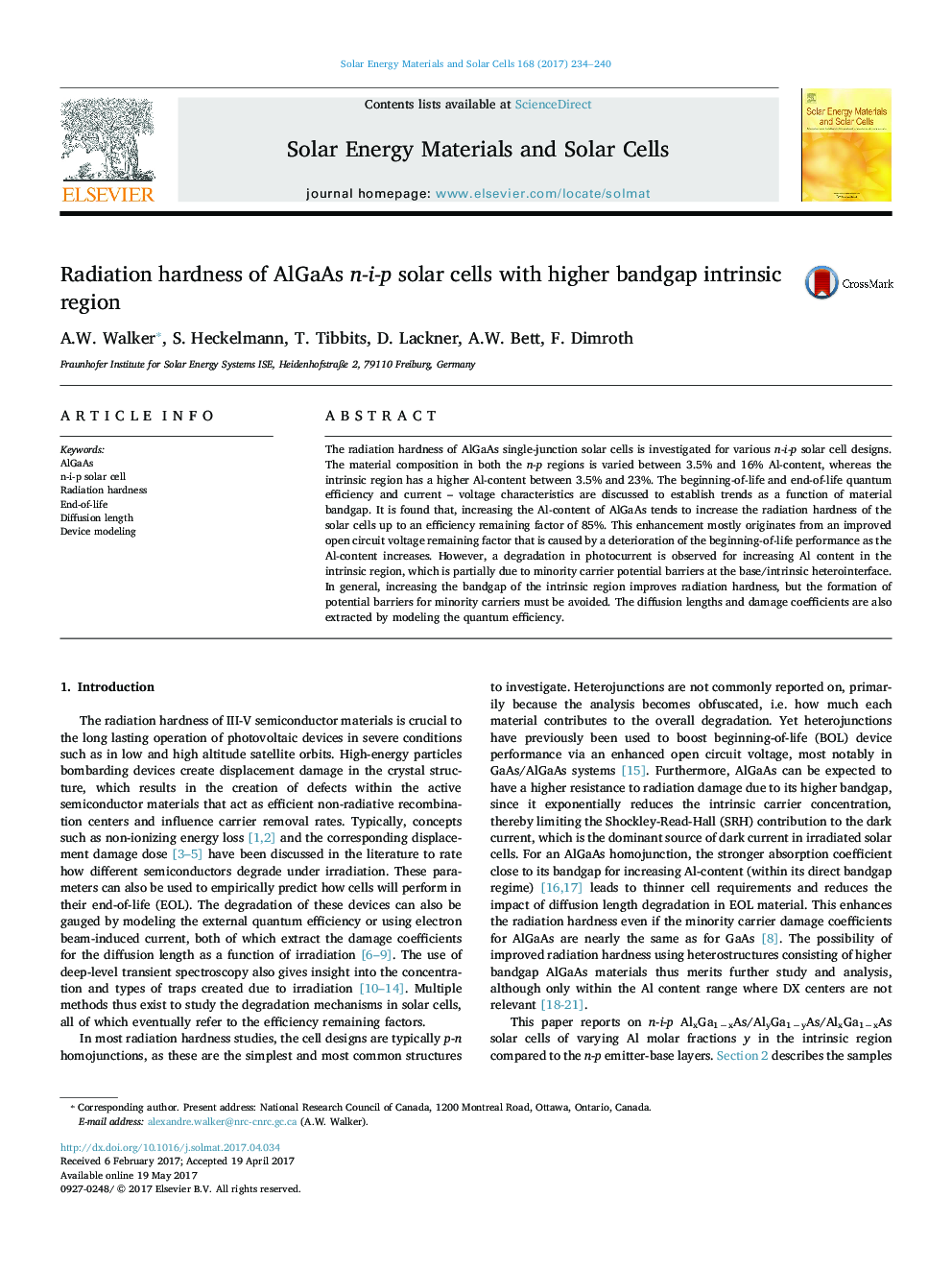 Radiation hardness of AlGaAs n-i-p solar cells with higher bandgap intrinsic region