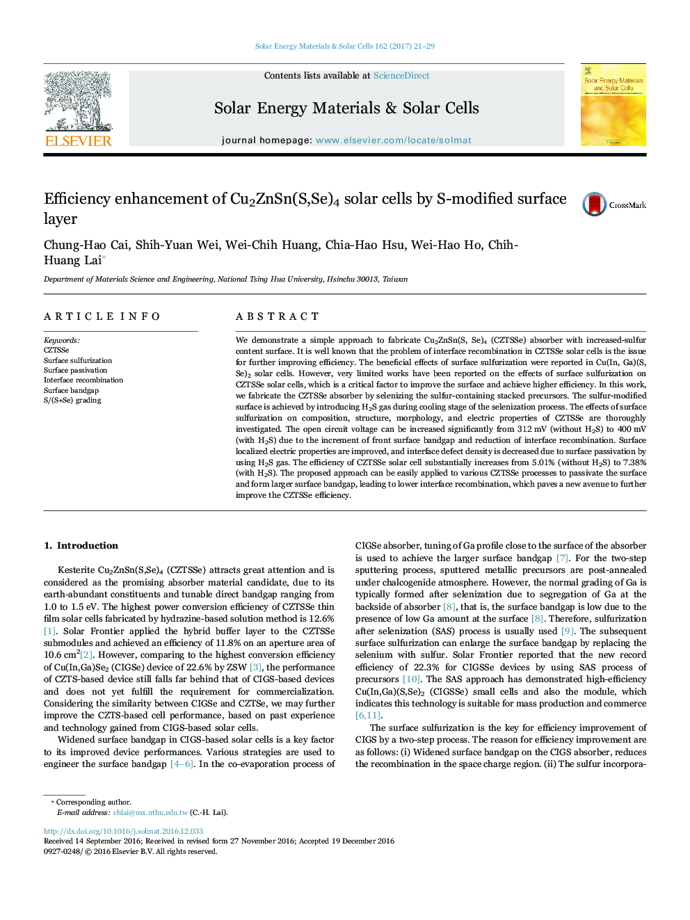 Efficiency enhancement of Cu2ZnSn(S,Se)4 solar cells by S-modified surface layer