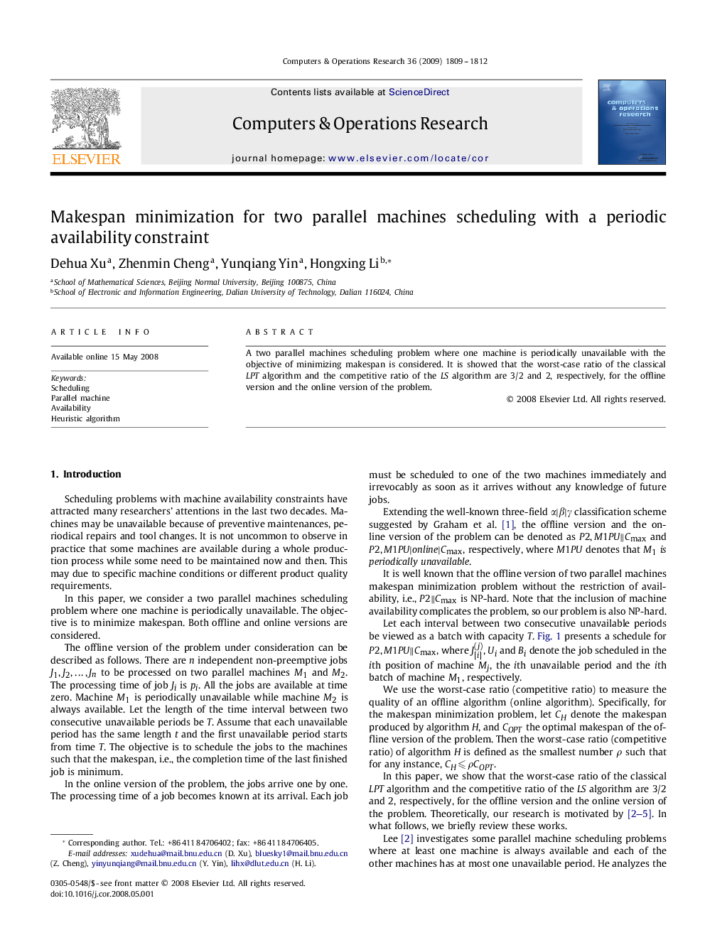 Makespan minimization for two parallel machines scheduling with a periodic availability constraint