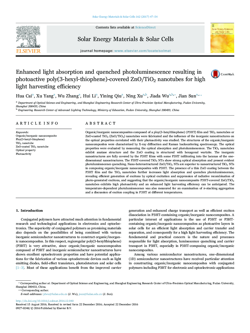 Enhanced light absorption and quenched photoluminescence resulting in photoactive poly(3-hexyl-thiophene)-covered ZnO/TiO2 nanotubes for high light harvesting efficiency