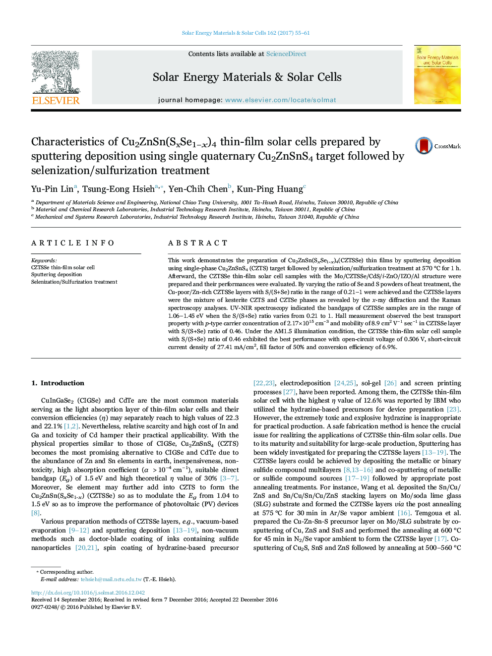 Characteristics of Cu2ZnSn(SxSe1âx)4 thin-film solar cells prepared by sputtering deposition using single quaternary Cu2ZnSnS4 target followed by selenization/sulfurization treatment