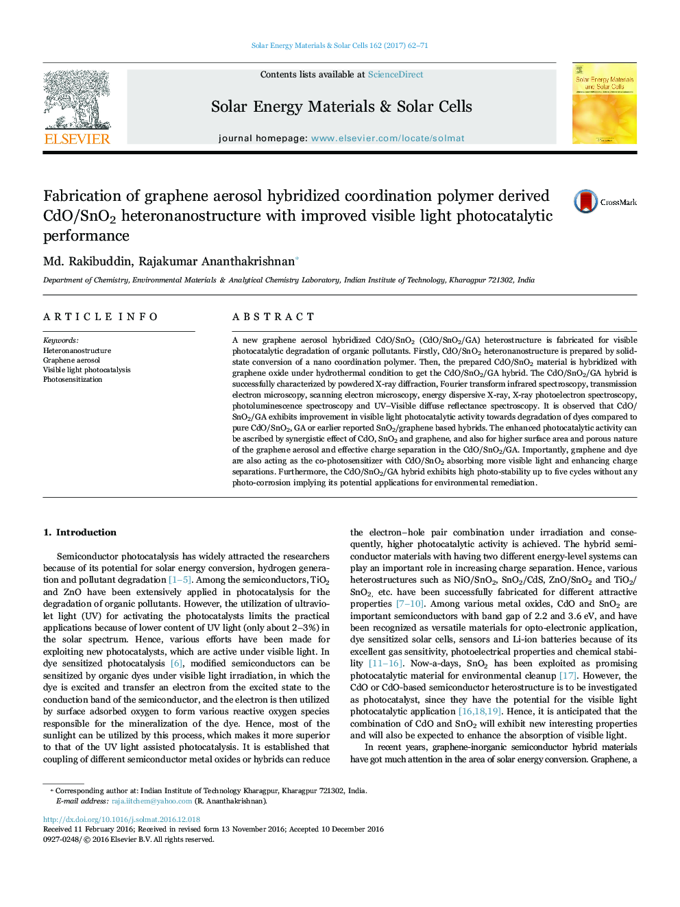 Fabrication of graphene aerosol hybridized coordination polymer derived CdO/SnO2 heteronanostructure with improved visible light photocatalytic performance