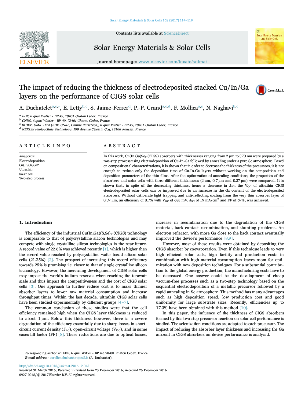 The impact of reducing the thickness of electrodeposited stacked Cu/In/Ga layers on the performance of CIGS solar cells