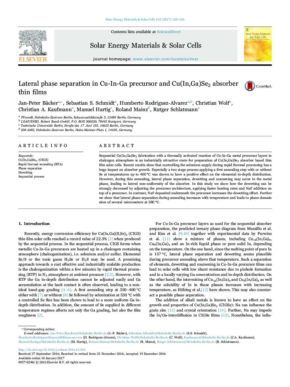 Lateral phase separation in Cu-In-Ga precursor and Cu(In,Ga)Se2 absorber thin films