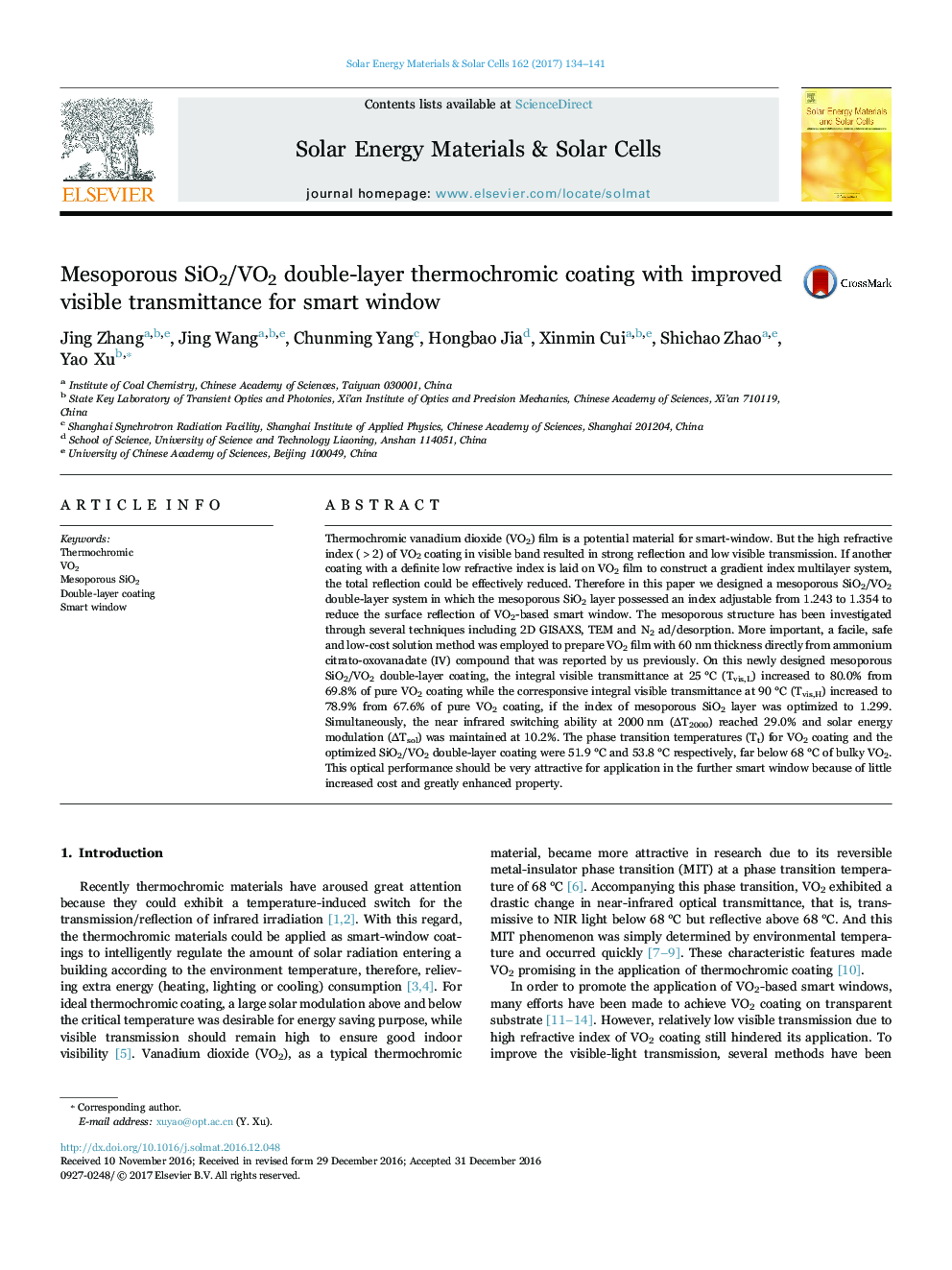 Mesoporous SiO2/VO2 double-layer thermochromic coating with improved visible transmittance for smart window