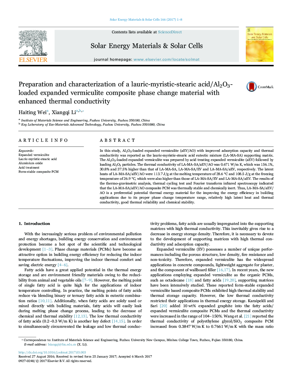 Preparation and characterization of a lauric-myristic-stearic acid/Al2O3-loaded expanded vermiculite composite phase change material with enhanced thermal conductivity