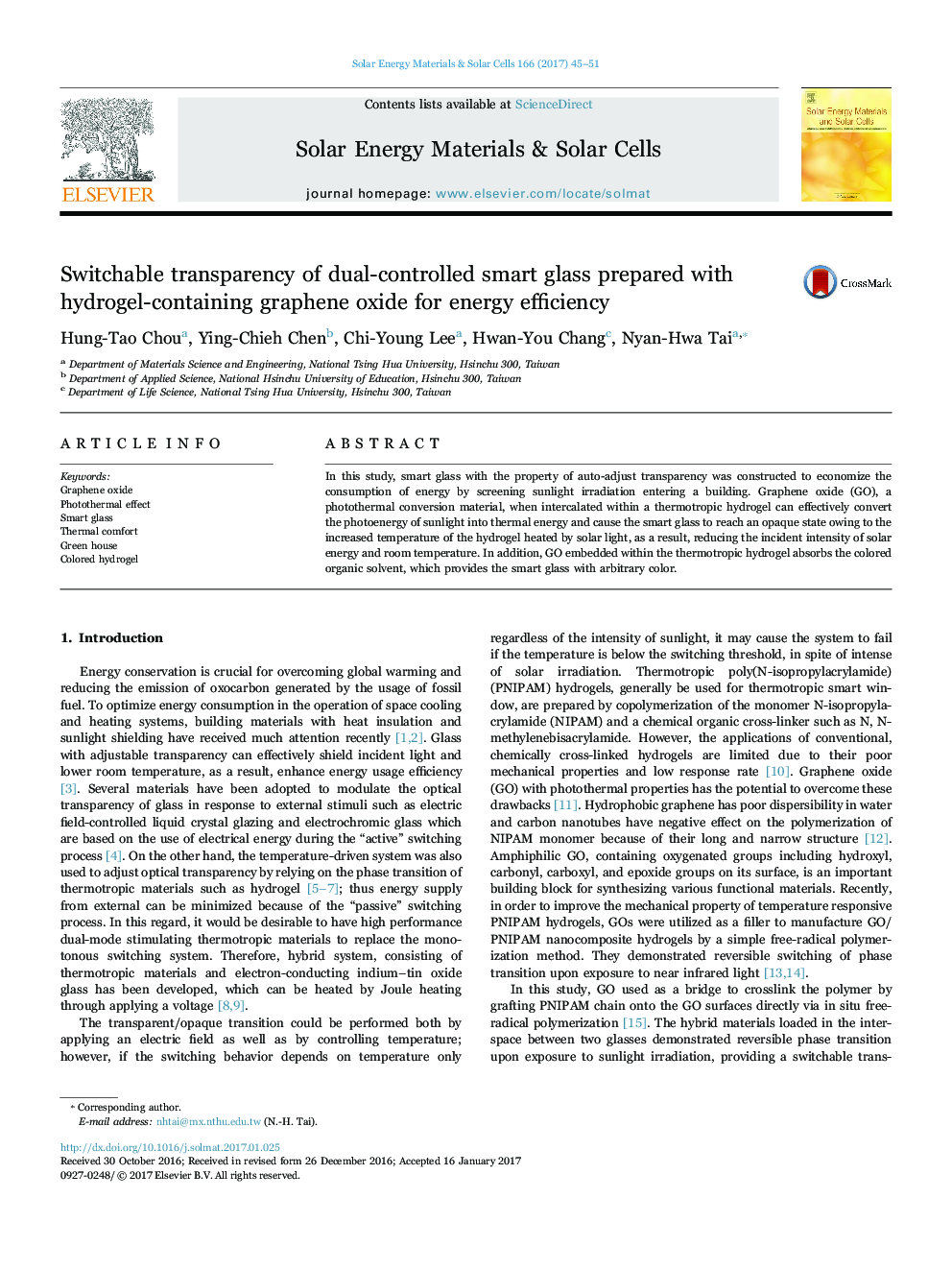 Switchable transparency of dual-controlled smart glass prepared with hydrogel-containing graphene oxide for energy efficiency