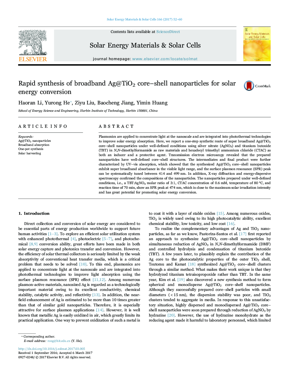 Rapid synthesis of broadband Ag@TiO2 core-shell nanoparticles for solar energy conversion