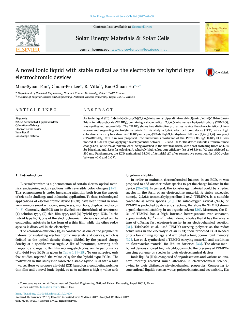 A novel ionic liquid with stable radical as the electrolyte for hybrid type electrochromic devices