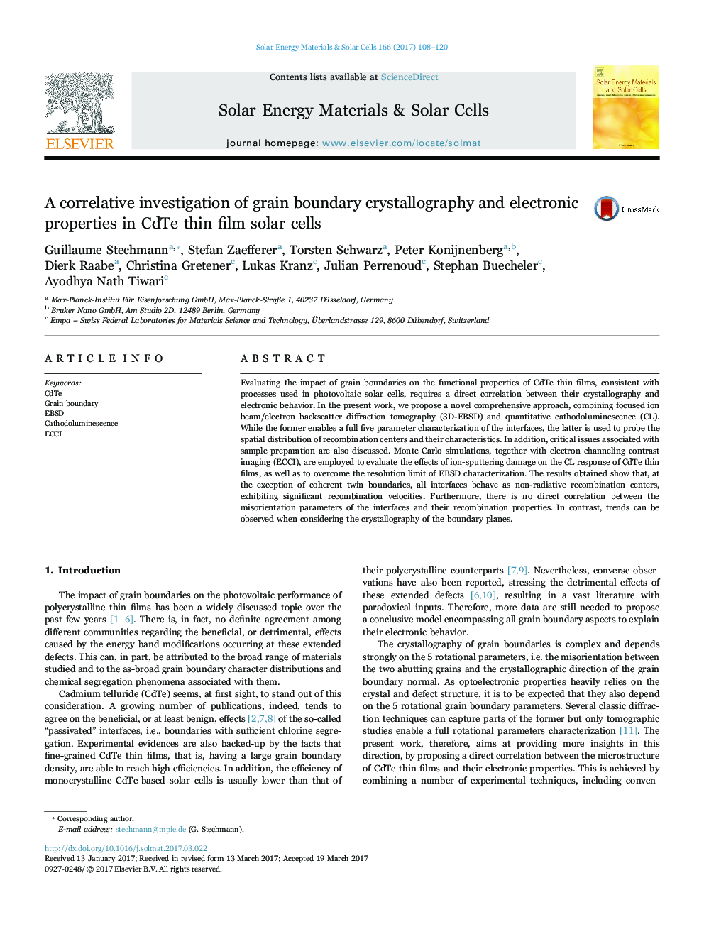 A correlative investigation of grain boundary crystallography and electronic properties in CdTe thin film solar cells