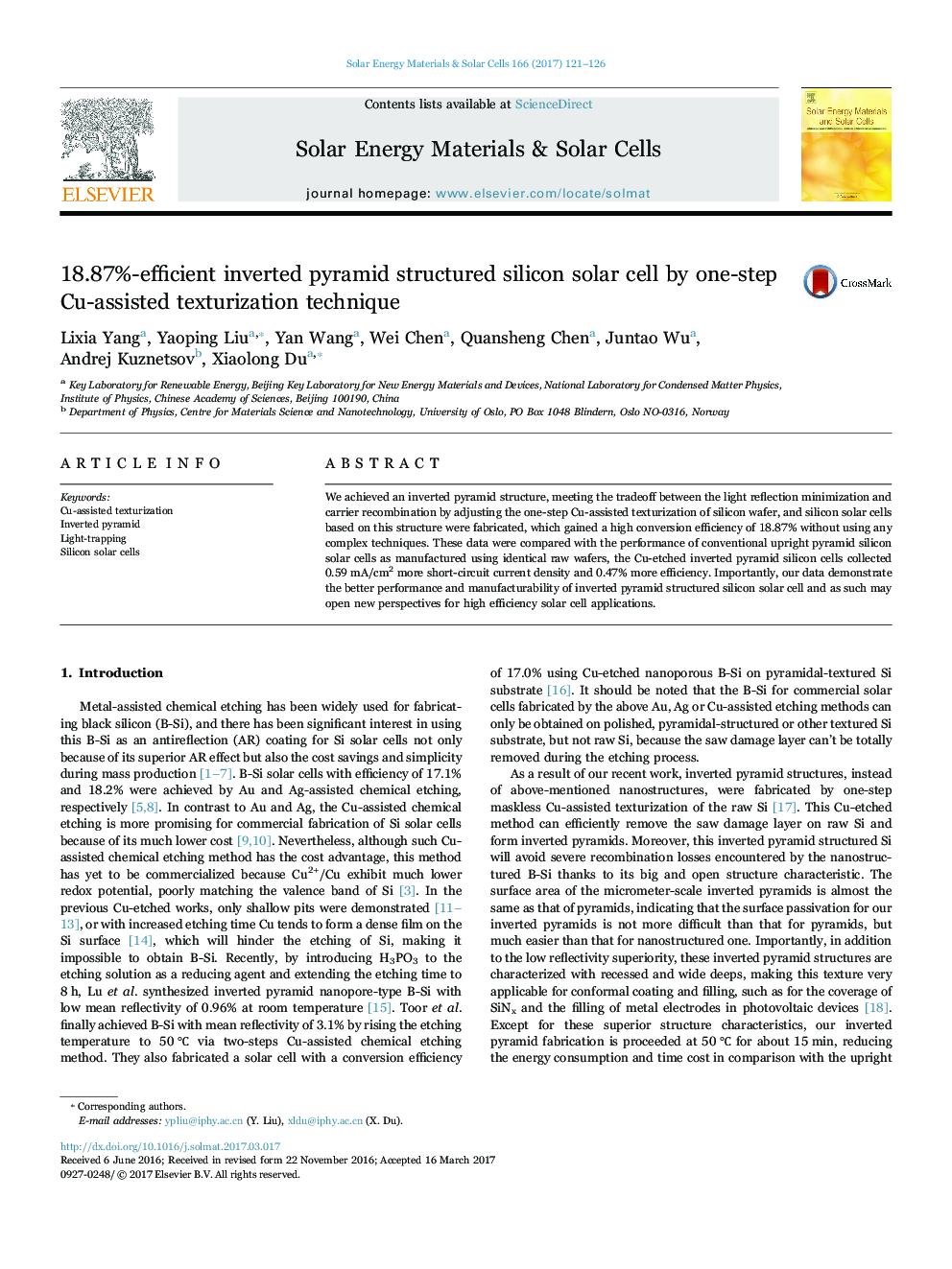 18.87%-efficient inverted pyramid structured silicon solar cell by one-step Cu-assisted texturization technique