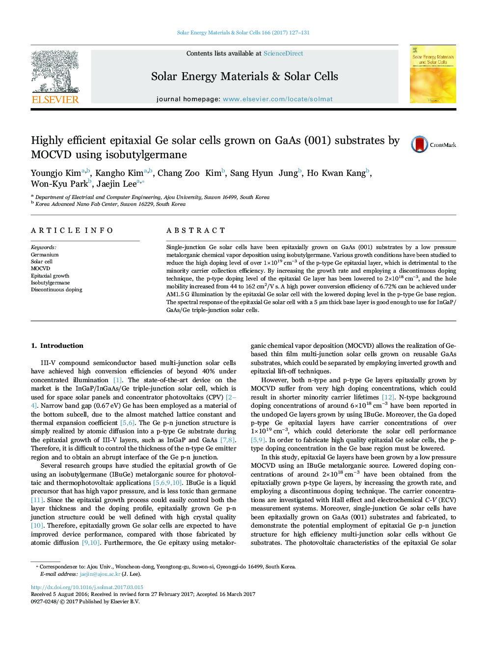 Highly efficient epitaxial Ge solar cells grown on GaAs (001) substrates by MOCVD using isobutylgermane