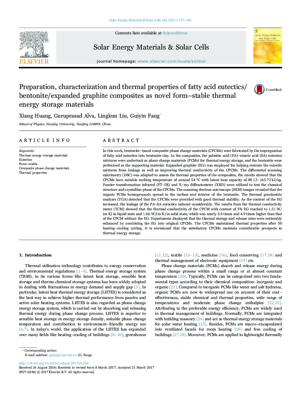 Preparation, characterization and thermal properties of fatty acid eutectics/bentonite/expanded graphite composites as novel form-stable thermal energy storage materials