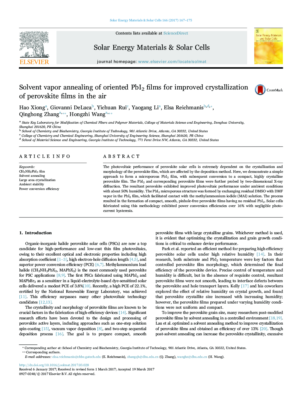 Solvent vapor annealing of oriented PbI2 films for improved crystallization of perovskite films in the air